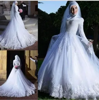 Po meri Izdelane Čipke Gor Nazaj Muslimanskih Dolge Rokave Žogo Obleke Poročni Obleki 2019 Poceni Vestidos de novia Plus Velikost Poročnih Oblek