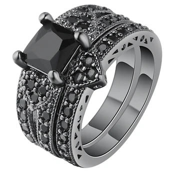 Nov Prihod Modni Nakit Prstani 2 Kos Luxury Black Gold Ring Set Poroko, Ljubezen Z Vijolično Kubičnih Cirkonij Črno Zlato Obroč