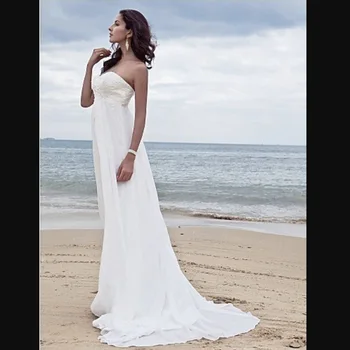 Elegantno beach slog belo poročno obleko, A-linijo brez naramnic čipke bleščica plaži slim fit stranka poročne obleke