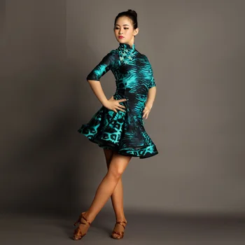 Klasične cheongsam Zelena Leopard split latinski ples obleko za konkurenco ženski elegantni rumba/samba/chacha square dance obleko