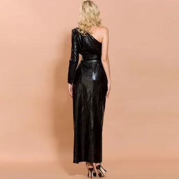 IFox 2020 Seksi Asimetrični Ženske obleke z Visoko Split Očarljivo Dolg Rokav Black Ženske Obleke z Sashes