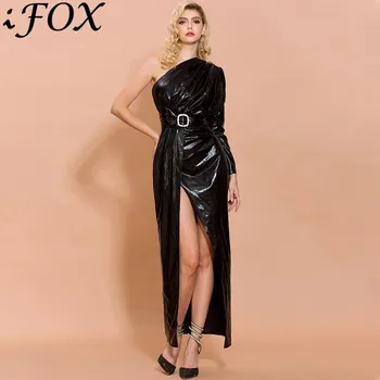 IFox 2020 Seksi Asimetrični Ženske obleke z Visoko Split Očarljivo Dolg Rokav Black Ženske Obleke z Sashes