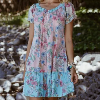 Poletje Ženske Plaža Obleko Priložnostne kratka sleeved Cvetlični Obleko Bohemian Mini Stranka Obleko Svoboden Proti-vrat Poletje Obleko