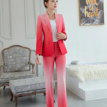 Novo gradient barve dame en gumb jopič hlače ženske business casual obleko žensk obleko, dvodelno obleko (suknjič + hlače)