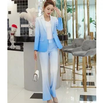 Novo gradient barve dame en gumb jopič hlače ženske business casual obleko žensk obleko, dvodelno obleko (suknjič + hlače)