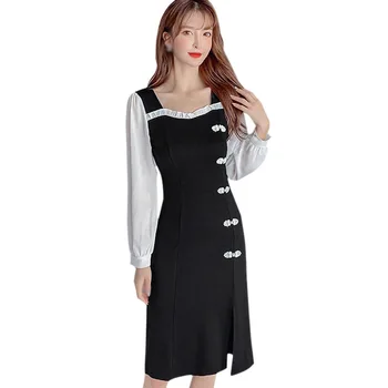 Spring Women Cheongsam Improved Side Slit Mid-length Square Neck Dress