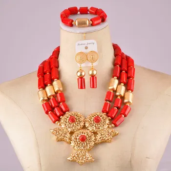 V modni nigerijski poroko koralni nastavite kostum rdeča ogrlica afriške koralni kroglice nakit set C21-24-05