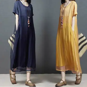 Vintage Dolgo Ženske Obleke 2020 Poletje Novo O-Vratu, Kratka Sleeved Trdno-Line Kolena-Dolžina Priložnostne Vse Tekme Obleke Lady