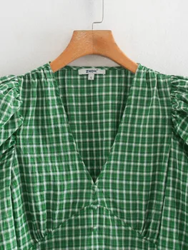 Jeseni leta 2020 nove ženske Proti-vrat sredi Rokav Kariran zeleno jakno majica retro elegantno XS Mehurček Rokav Top Majica korejski Bluzo