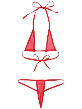 Ženska Erotična Perilo Nastavite vidi skozi dvodelne Kopalke Trikotnik Bikini Kopalke Povodcem Čipke-up Nedrček s T-nazaj Hlačke, Tangice