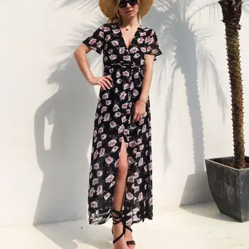 Obleke, ženske 2020 moda vroče slog Evropi natisnjeni seksi proti-vrat cvet tiskanja maxi dolge obleke, vestidos dropshipping LY7618