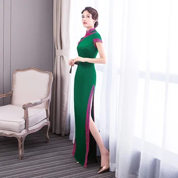 Zelena Mxai Cheongsam Orientalski Dolgo Stranka Večerno Obleko Letnik Kitajski Slog Ženska Elegantna Qipao Haljo Vestido Plus Velikost S-5XL