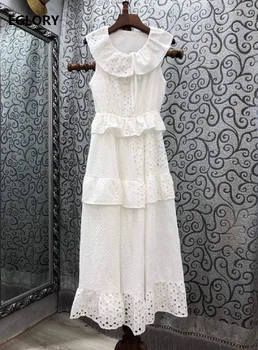 Najnovejši Modni Belo Obleko 2020 Poletje Visoko Kakovostne Ženske O-Vratu Votlih Iz Vezenje Ruffle Cvetlični Mozaik Obleko Brez Rokavov