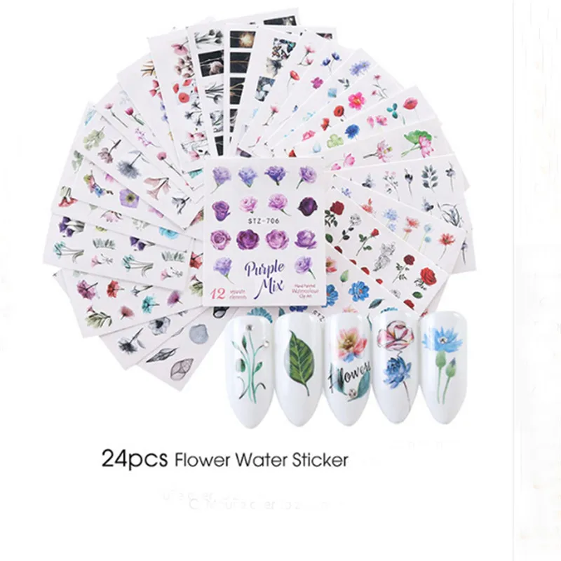 24 Listov Akvarel Cvetlični Nalepke za Nohte Srčkan Listi Cvet Vodne Nalepke Nail Art Okraski Obloge Nohtov DIY Nasveti