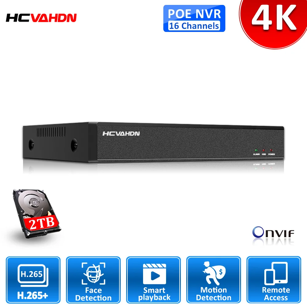 HCVAHDN 4K 16 Kanalni NVR H. 265+ 16CH NVR Zaznavanje Obraza 4 HDD Podpira ONVIF RTSP s 16 POE vrat za Varnost Kit