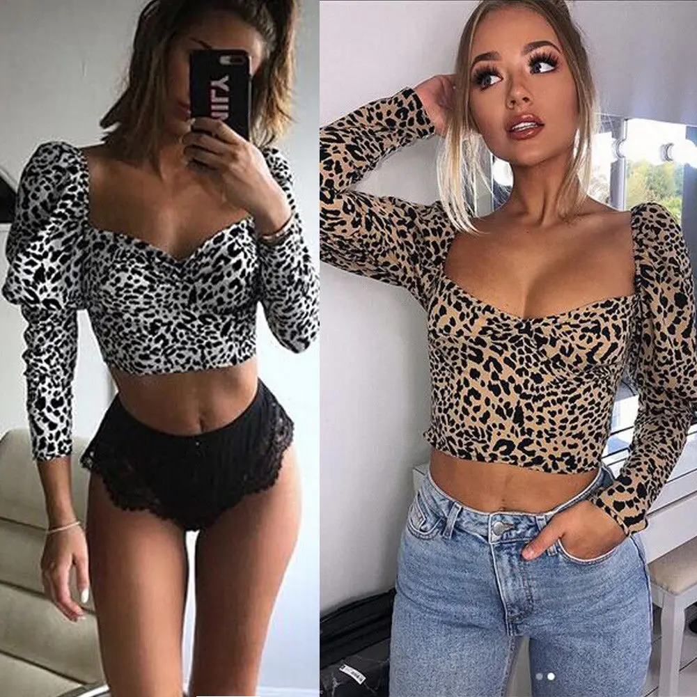 Poletje Nove Modne Ženske Seksi U-Vratu Leopard Tiskanja Dolg Rokav T-Shirt Ulične Majice