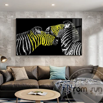 Povzetek Rumena Zebra Pari Platno Slikarstvo Sodobne Natisni Plakat Živali Wall Art Dekor Za Dnevno Sobo, Spalnica Dekor Povzetek