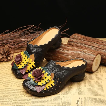 Kvadratni Petah Ženske Sandale Nov Modni Pravega Usnja Poletje Copate Cvet Čevlji Ženska Črpalke Loafers Mul XKD8078