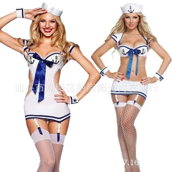 Ženske Halloween Seksi Navtičnih Mornar Mornarica Pin Up Trak Cosplay Kostum Mini Obleka pustna S Klobuk JY149