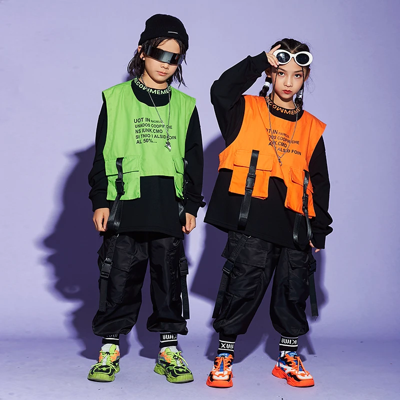 Hip Hop Otroci Ples Kostum Oranžna/Zelena Telovnik Majica Vrhovi Črne Hlače Fantje Dekleta Jazz Ples Hiphop Oblačila Rave Obrabe BL5476