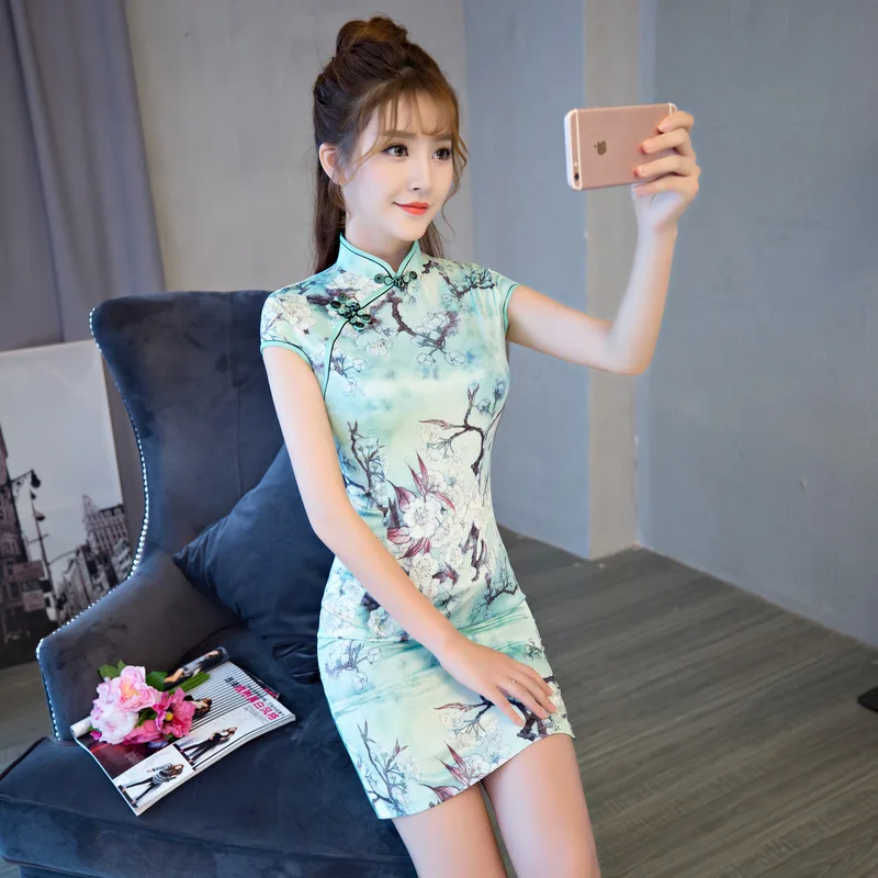 Kitajski Državni Mini Obleka Ženske Saten Svila Kratek Cheongsam Žogo Kostum