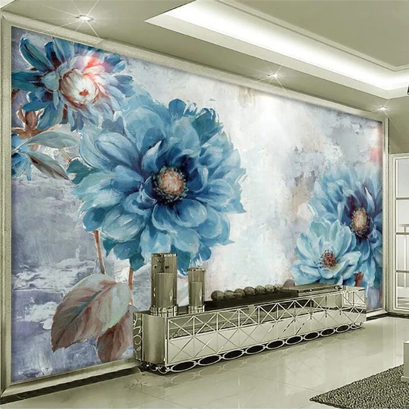 Po meri 3D Stenske Freske Ozadje Strani Naslikal Oljno sliko Modro Cvetje Študija, Dnevna Soba, Spalnica Ozadju Foto Okras