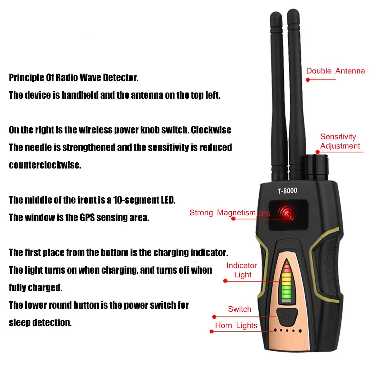 T8000 Anti-prisluškovanje Brezžični RF Signala Detektorja GSM Finder Fotoaparat Monitor GPS Optičnega Brezžičnega Signala Finder