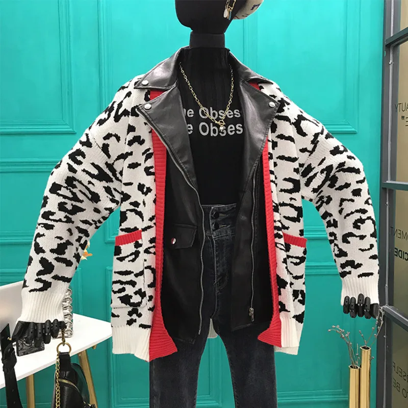 Usnjena Jakna Modni Trend Leopard Plašč Oversize Ženske Zadrgo Vrhnja Oblačila 2020 Jeseni Ponaredek Dve Modni Velikosti Plesti