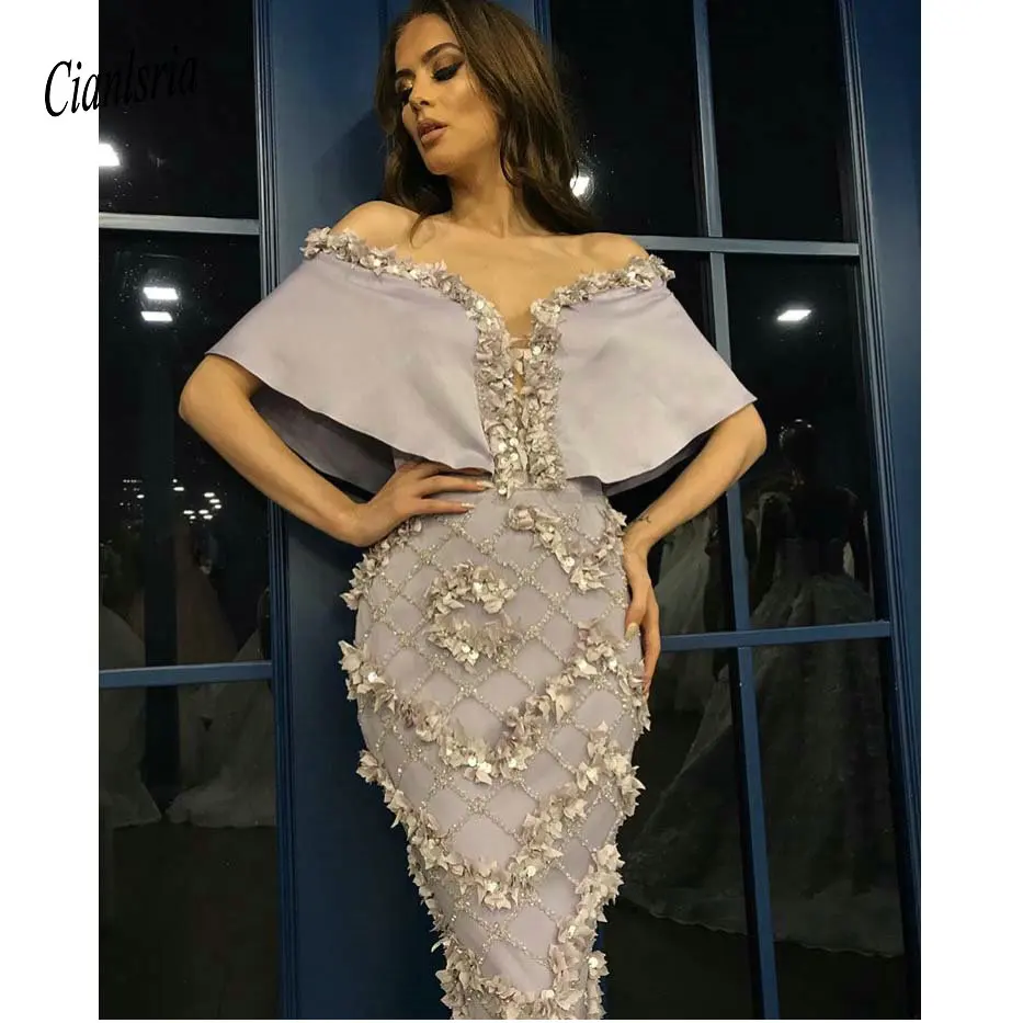Vintage Večerne Obleke Off Ramo Ljubica Cape 3D Cvetje Beading Sodišče Vlak Čipke Vestidos De Fiesta 2020