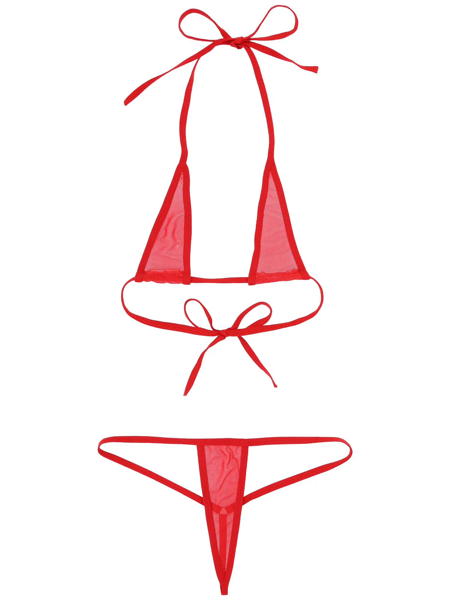 Ženska Erotična Perilo Nastavite vidi skozi dvodelne Kopalke Trikotnik Bikini Kopalke Povodcem Čipke-up Nedrček s T-nazaj Hlačke, Tangice