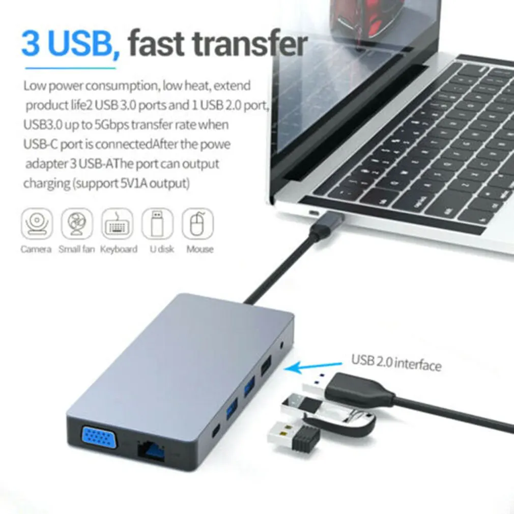 12 V 1 Tip C Laptop Razširitveno Postajo USB 3.0, HDMI je združljiv VGA PD Zvezdišče USB Za Prenosni Računalnik Monitor Razširitveno Postajo
