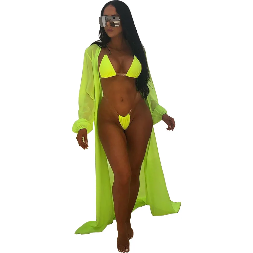Adogirl 3 Kos Set Ženske Trdna Šifon Bikini Komplet Kopalk Jopico Dolg Rokav Prikriti Plaže Za Kopanje Obleko Plavati Obleko, Obleko
