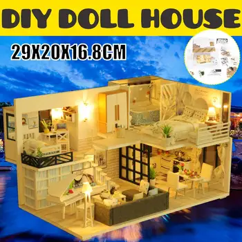 Lutke 3D Lesena lutka Hiše Miniaturni Lutke Pohištvo Komplet Casa Glasbo, Igrače za Otroke, Darilo za Rojstni dan S 7 LED prevleka