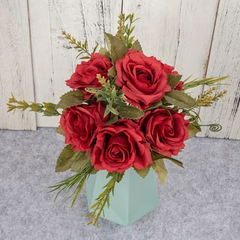 Rose Umetno Svilene Rože Svilene Šopek Stamens Dekoracijo Pribor za Cvetje, Poročni 1 Pc 6 Cvet Glavo 37 cm/14.56 v