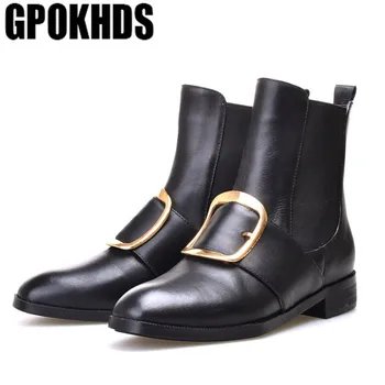 GPOKHDS 2019 ženske škornji Kravje usnje jeseni vzmetne sponke trak črne barve kvadratni toe visoke pete, škornji velikosti 34-43