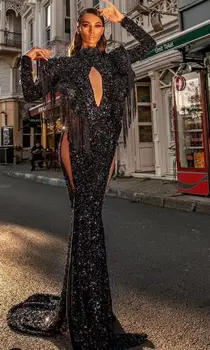 2020 Nove Ženske črna sequined O vratu dolg rokav Vestido Slaven večer stranka bodycon povoj obleke dropshipping