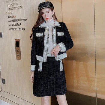2020 Jeseni Letnik Elegantno Tweed Dva Kosa Krilo Določa Ženske Enotni-zapenjanje Plašč + A-line Krilo korejske Ženske Obleke Obleke