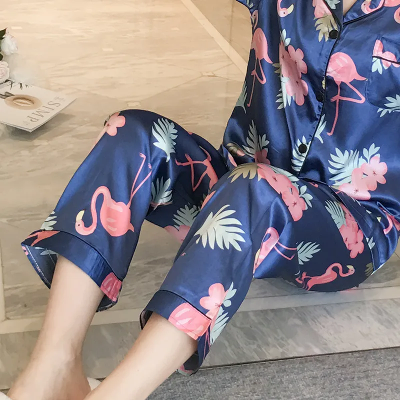 Flamingo svile ženske pijama jesen pomlad sleepwear spanja vrhovi 2019 pijamas ženski