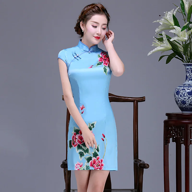 Kitajski Državni Mini Obleka Ženske Saten Svila Kratek Cheongsam Žogo Kostum