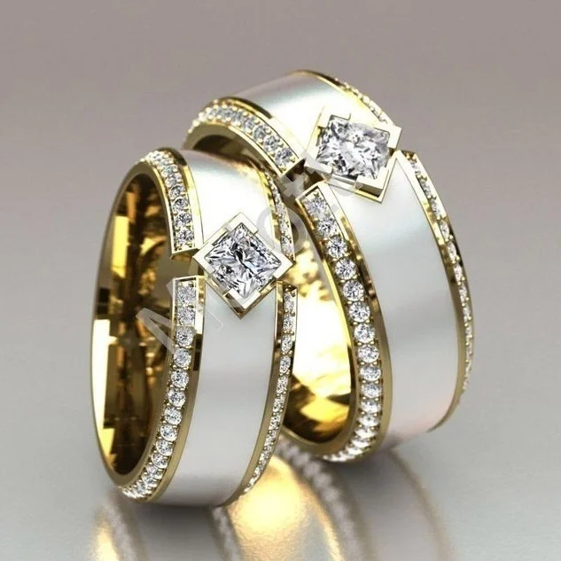 Klasika Zlato Barvo Unisex Poročni Prstan Slonokoščeni Beli Emajl Krog Cut Cirkon Crystal Ring Nekaj Ljubimec je Nakit Obletnico Darilo