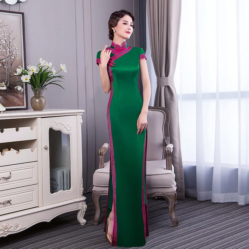 Zelena Mxai Cheongsam Orientalski Dolgo Stranka Večerno Obleko Letnik Kitajski Slog Ženska Elegantna Qipao Haljo Vestido Plus Velikost S-5XL