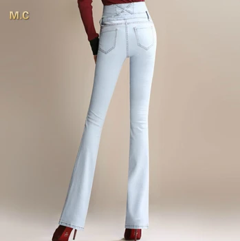 Visoko pasu priložnostne denim jeans hlače za hujšanje za ženske plus velikost celotno dolžino flare hlače spomladi jeseni mešanica bombaža cfn0601