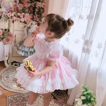 Baby Dekle Poletje Roza Čipke Palace Letnik španski turški Lolita Princess Obleke Žogo Obleko za Rojstni dan Eid Weding
