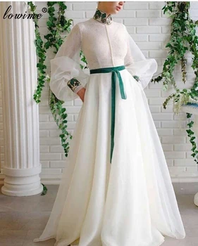Plašče Elegantno Belo Večerne Obleke Formalno Visoko Vratu Ženske Stranke Obleke Večerna Oblačila Z Dolgimi Zabuhle Rokavi Prom Oblačenja Vestido