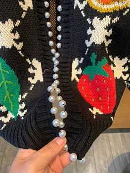 2021 jeseni in pozimi beaded pearl sadje jacquardske krog vratu volne, pletene cardigan sladko pulover plašč ženski new visoke kakovosti