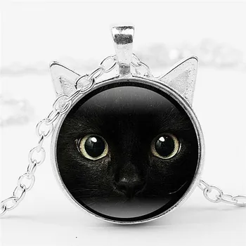 Black cat Ogrlica 2018 slikarstvo za hišne ljubitelji Mačk Obesek z dvema ušesa, Nakit, Steklo Chrysoprase dekle Dar, Vroče Prodaje