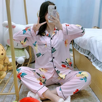 2021 Pomlad Jesen Dolg Rokav Pajama Kompleti za Ženske korejski Tiskanja Sleepwear bo Ustrezala Pyjama Loungewear Homewear Pijama Mujer Oblačila