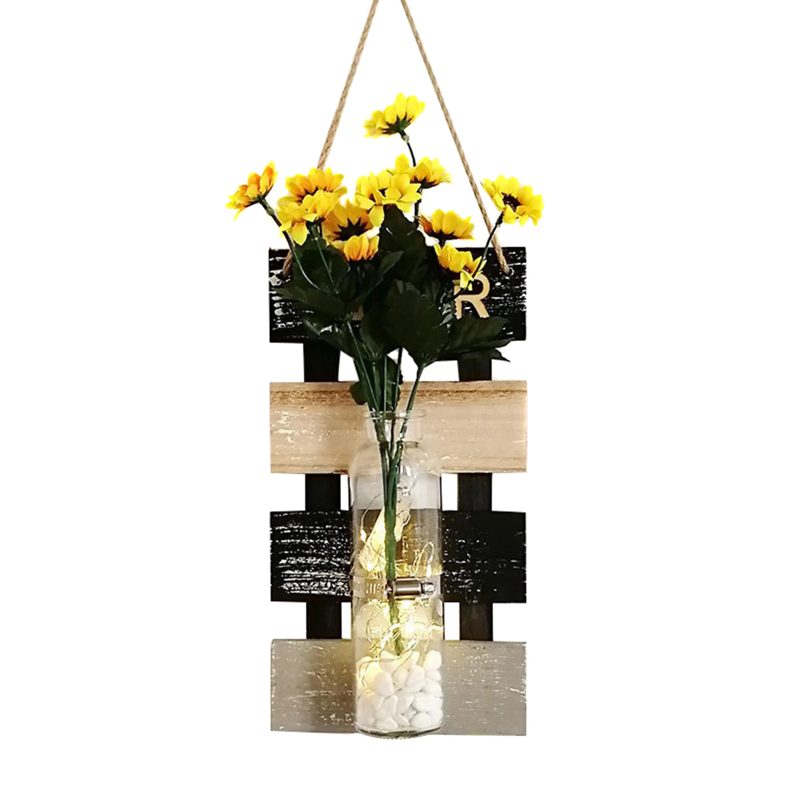 Kmečki Leseni Steni Visi Dekor z LED Niz Luči Umetno Cvetje za Sodobno Dnevna Soba in Spalnica E2S