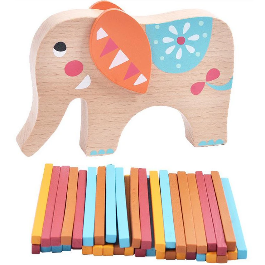 Lesena Gradnja Bloka Risanka Slon Držijo Ravnotežje Igrača za Otroke, ki so Zgodaj Izobraževalne lote Živali Montaža Blok Otroci Obrti