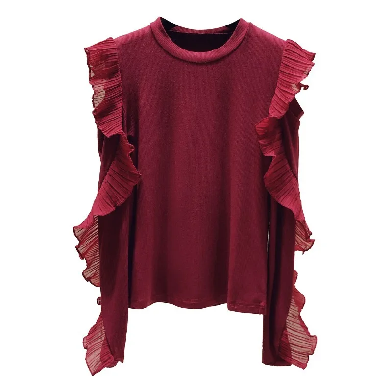 Nov Prihod Ruffle Mozaik T Shirt O Vratu Dolg Rokav Votlih Iz Slim Tshirts Ženske korejski Moda Ropa Mujer 3d201